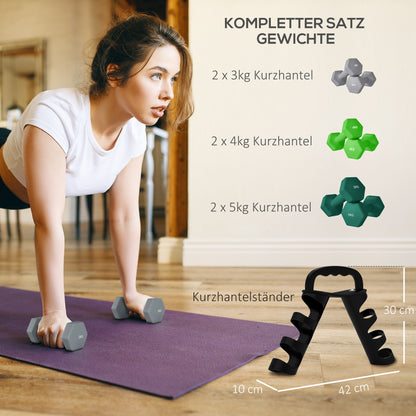 Dumbbell Set – Halter Set – Krachttrainingsset – Fitness Gewichten – Home Workout Set – Hexagonale Vorm – Inclusief Compact Opbergrek – Grijs, Groen, Zwart