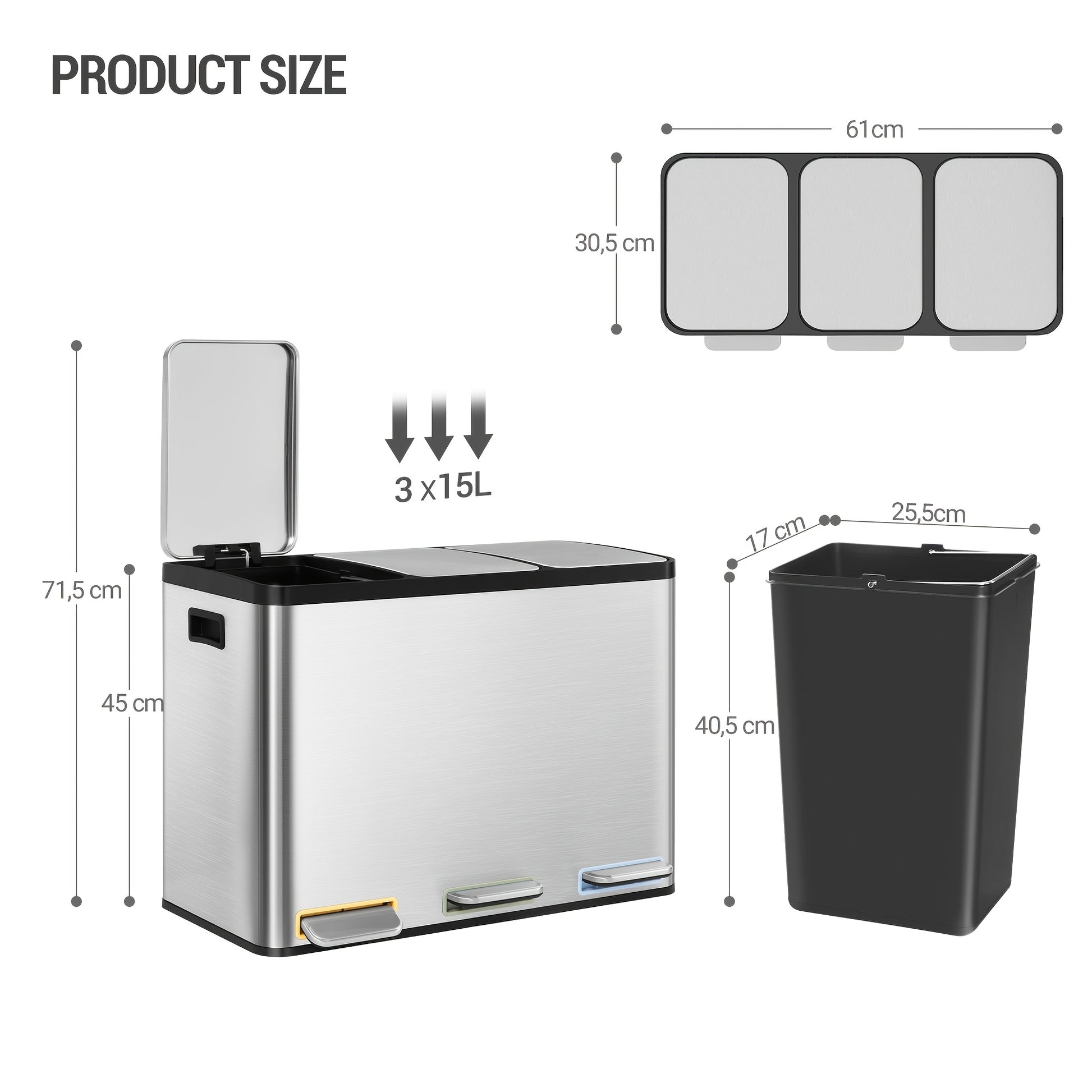 Stainless Steel Kitchen Trash Can with 3-Compartment Waste Sorting System, 45L Total Capacity (3 x 15L) - Heavy-Duty Rectangular Design, Quiet Slow-Lowering Lid - QUORE