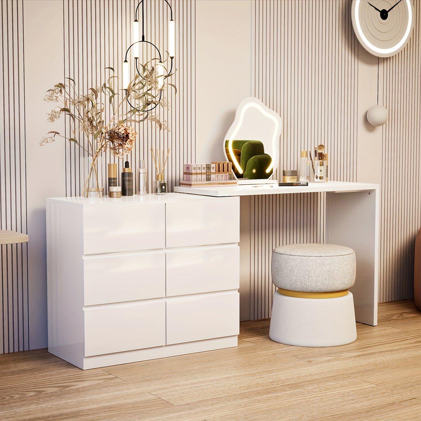 Kaptafel – Make-up Tafel – Dressoir – Opmaaktafel – Houten Kaptafel – Uitbreidbaar & Draaibaar Tafelblad – 6 Geluidsarme Lades – Wit