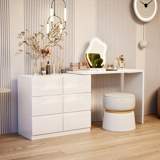 Kaptafel – Make-up Tafel – Dressoir – Opmaaktafel – Houten Kaptafel – Uitbreidbaar & Draaibaar Tafelblad – 6 Geluidsarme Lades – Wit