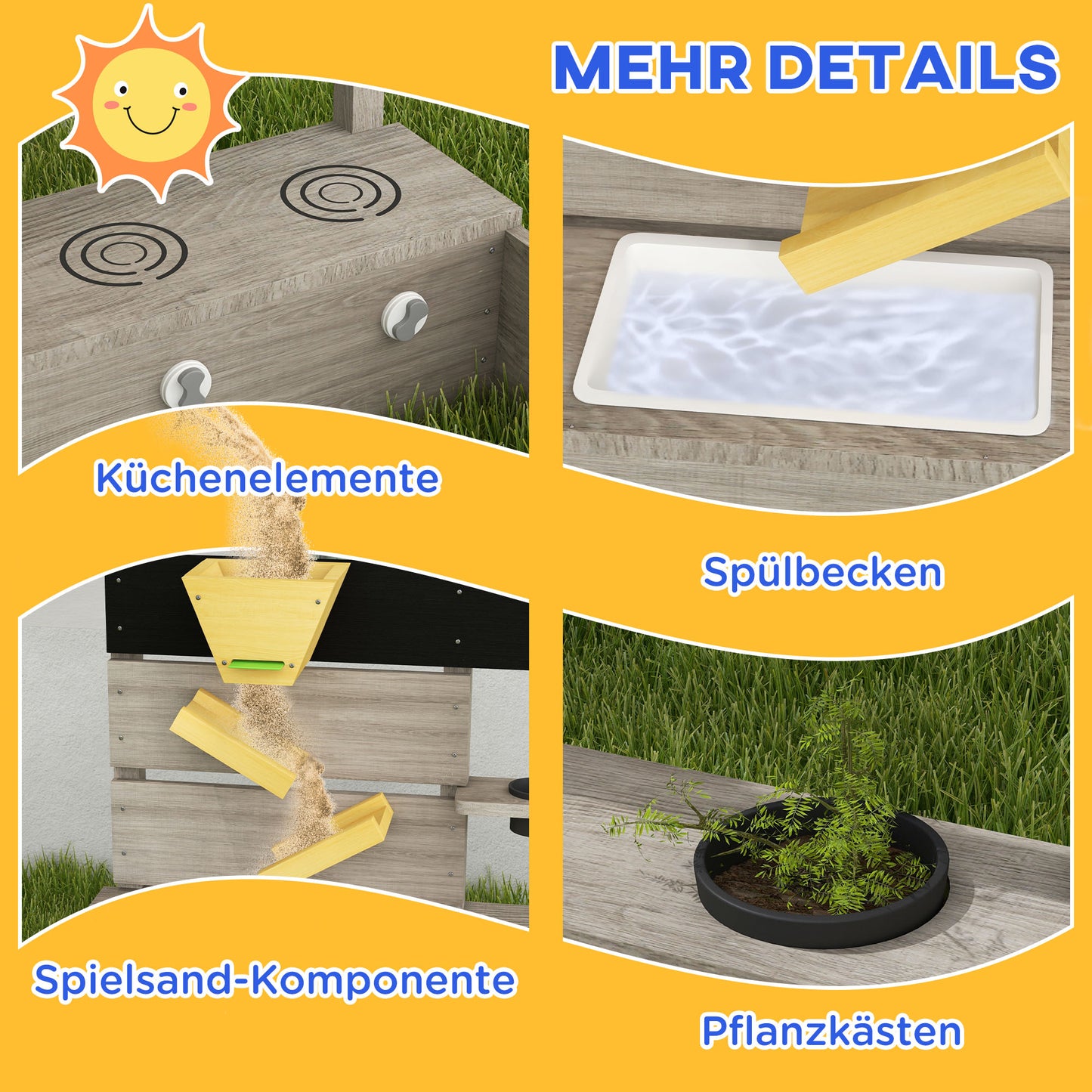 Zandbak – Zandtafel – Speelbak – Kinderen Zandspeelplek – Plantenbakken – Waterstation – Duurzaam Behandeld Hout – 154 x 80 x 60 cm – Weerbestendig Grijs