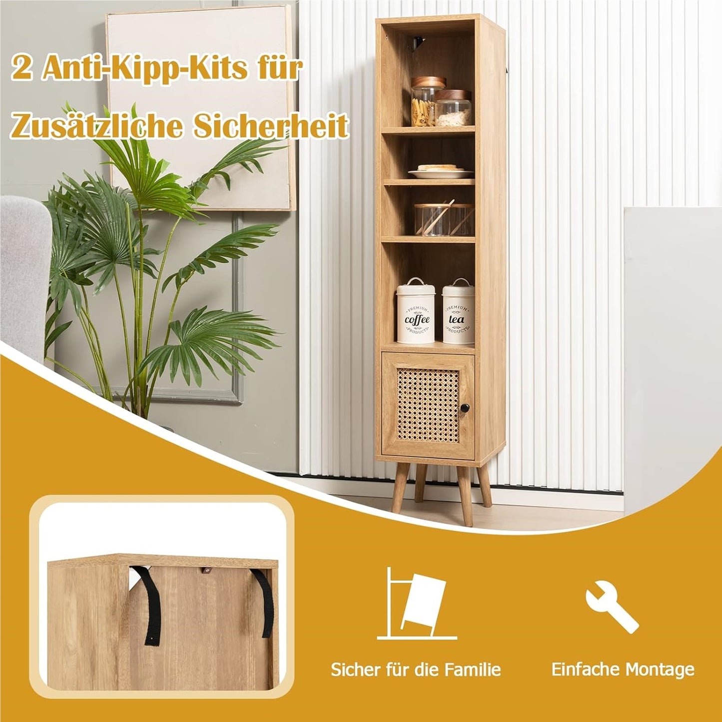 Hoge Kast – Opbergkast – Boekenkast – Kolomkast – Smalle Kast – Rattan Deur – Verstelbare Planken – Massief Hout Oak
