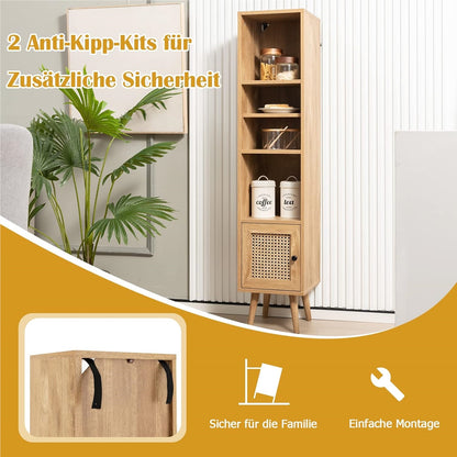 Hoge Kast – Opbergkast – Boekenkast – Kolomkast – Smalle Kast – Rattan Deur – Verstelbare Planken – Massief Hout Oak