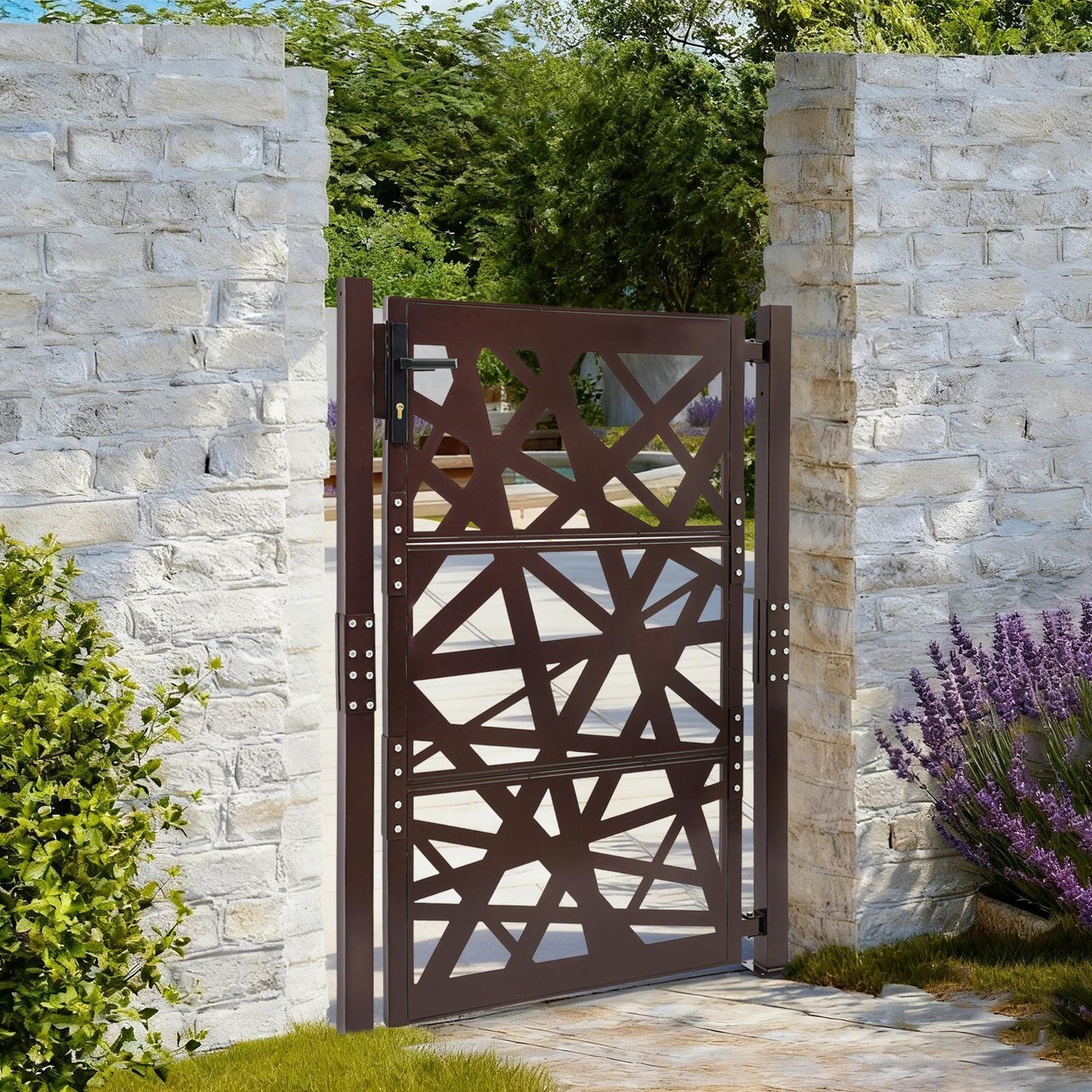 Garden Gate | 105cm x 150cm Brown Metal Gate, Privacy Screen Type, Galvanized Steel, Brand NaMaSyo