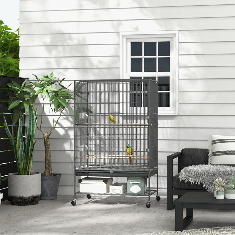 Bird Cage Including Perches, Bird Toys, Removable Bottom Tray, 1 Shelf, Grey