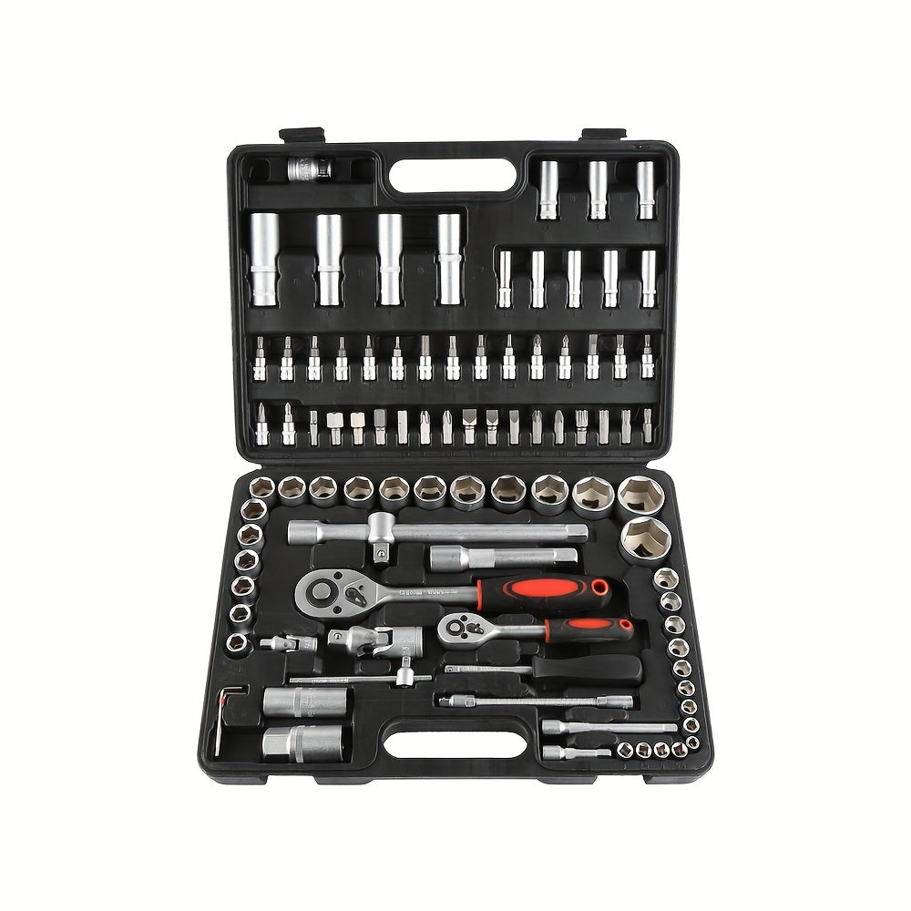 94pcs Auto Repair Tool Set with Durable Metal Sockets & Joint - Heat & Wear Resistant, Polished Finish, Includes Ratchet Handles, Extension Bars, and Hex Key Wrenches in Organized Case - Perfect for Car Maintenance
