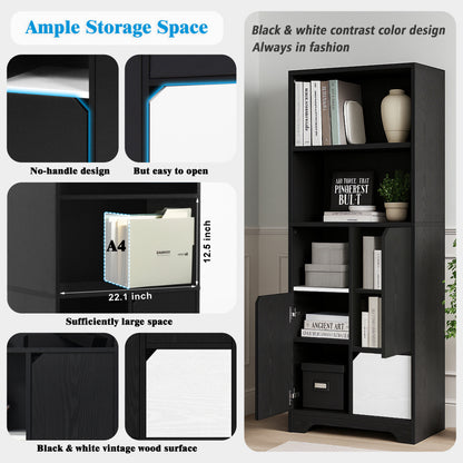 Modern Black & White Multifunctional Bookcase with Open Shelves, Doors & Drawers - Heavy-Duty Metal, No Assembly Required, Space-Saving Shelving Unit for Home Office,, Bedroom - Compact Bookshelf Organizer, Book Shelves, Sing