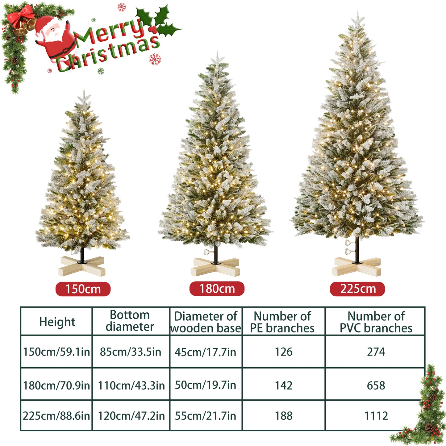 Kunstkerstboom – Kunstkerstboom Met Verlichting – Kunstboom – Kerstboom – Kerstdecoratie – 225 cm Hoog – Sneeuweffect Met Warm Witte LED’s – PE en PVC Takken