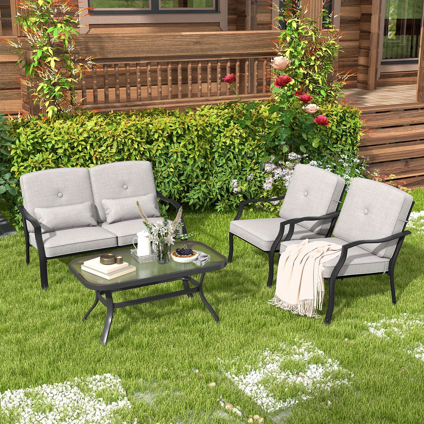 Tuinmeubelen – Loungeset – Loungesetbank – Tuinset – Balkonset – Met Zachte Kussens – Met Gehard Glas Tafelblad – Robuust Metalen Frame – Comfortabele Zit