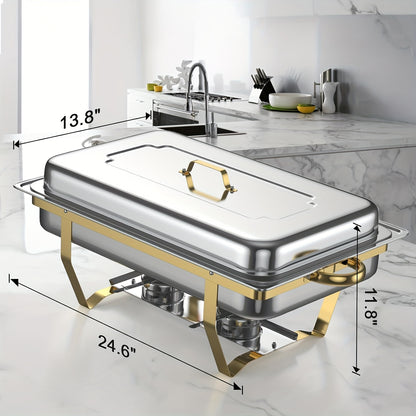 Chafing Dish – Buffetwarmer – Warmhoudplaat – Warmhoudschaal – Warmhoudbakken – RVS Goudkleurig – 4-delig – 9 Liter per Pan – Veilig Afgeronde Randen