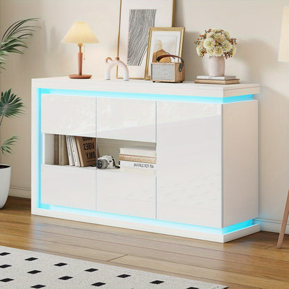 Dressoir – Ladekast – Opbergkast – Buffetkast – Wandkast – Hoogglans Wit – 140x40x84 cm – 4 Compartimenten Met Gehard Glas