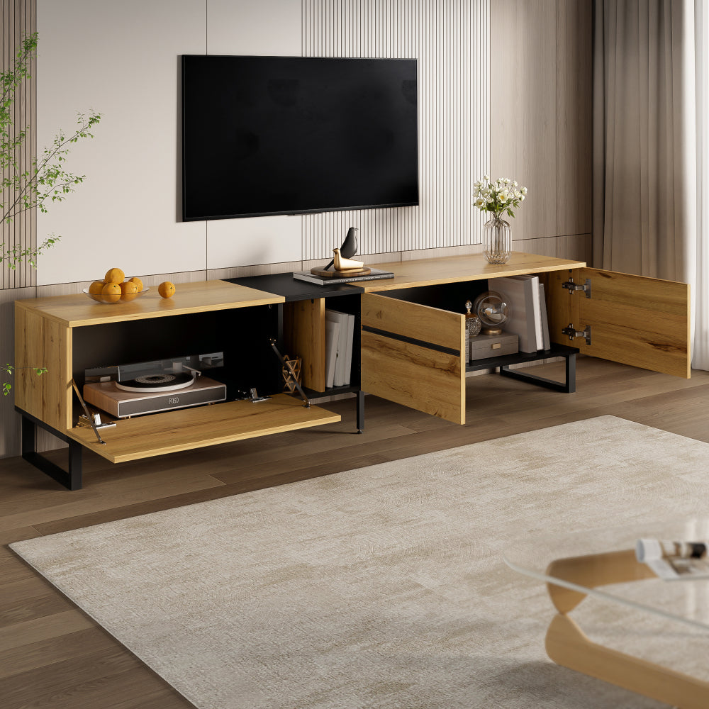 Modern TV Base Unit 180cm, featuring a lift-up storage compartment, open shelving and double doors. This minimalist TV cabinet serves as a versatile storage solution for dining, television and living room use, offering ample