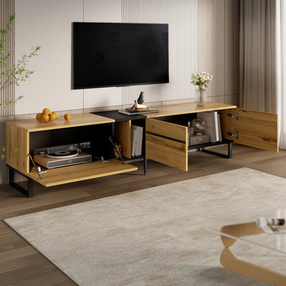 Modern TV Base Unit 180cm, featuring a lift-up storage compartment, open shelving and double doors. This minimalist TV cabinet serves as a versatile storage solution for dining, television and living room use, offering ample