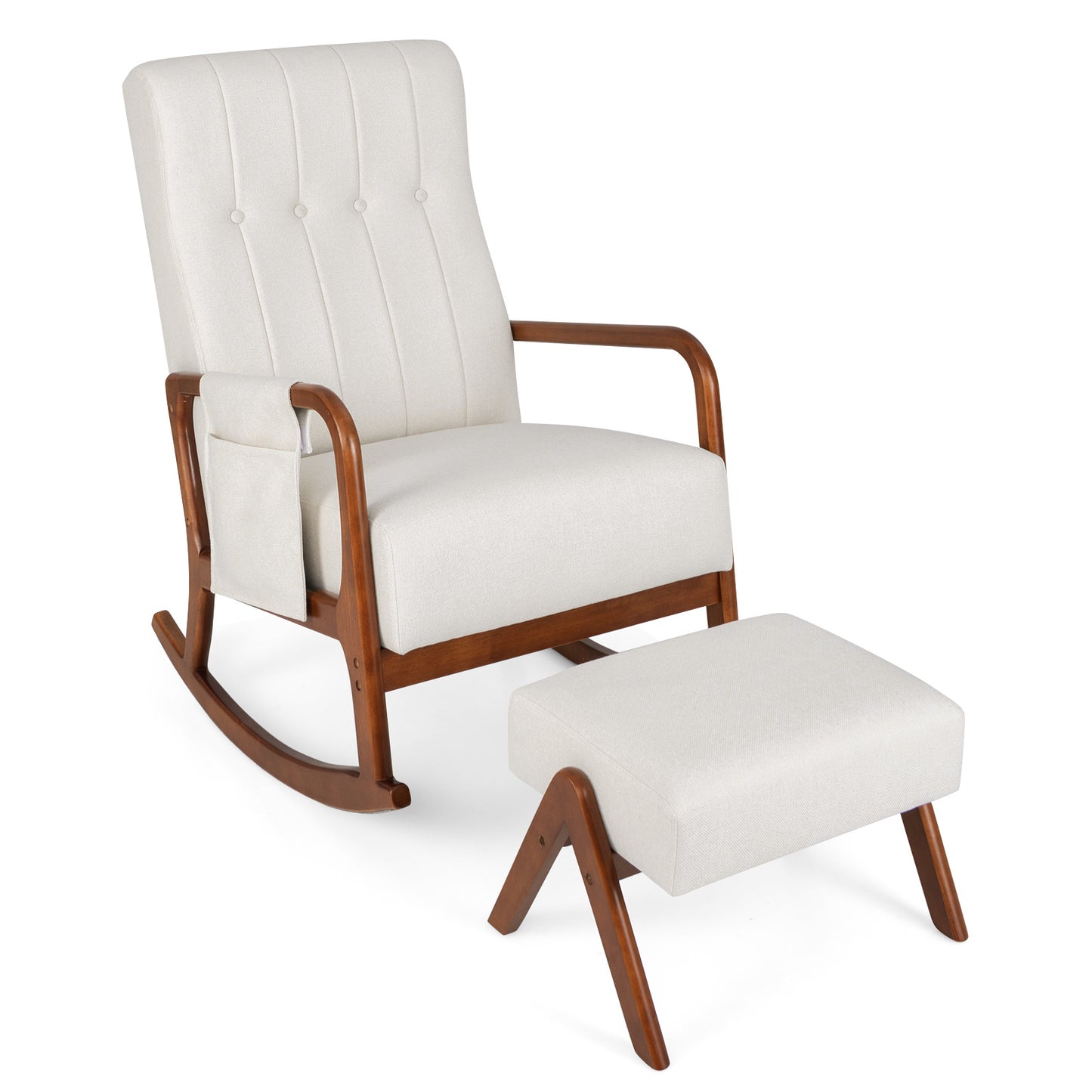 Schommelstoel – Relaxstoel – Rocking Chair – Draaistoel – Fauteuil – Met Hocker – Gestoffeerd Katoen Linnen – Ergonomisch Rubberhout Frame