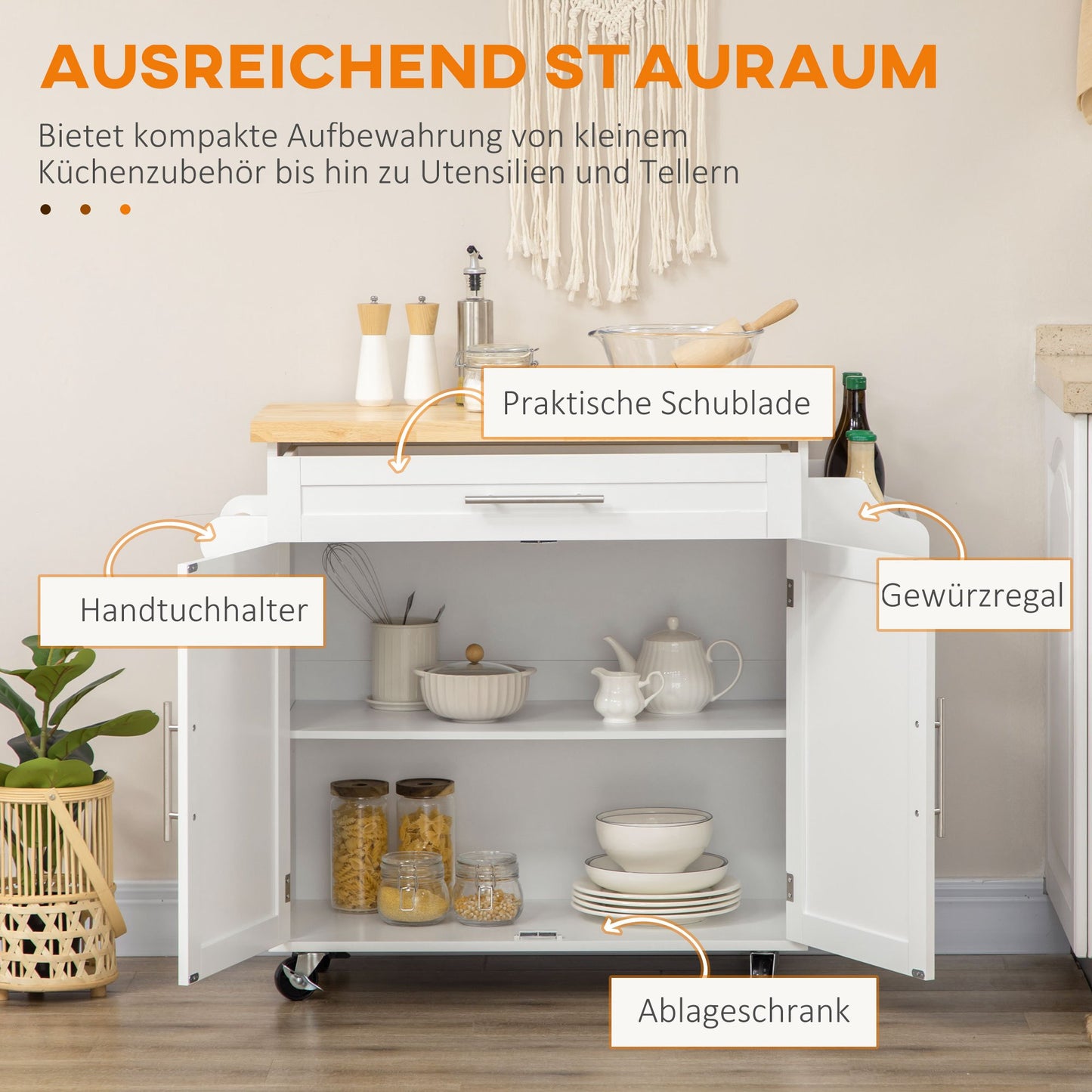 Keukentrolley – Keukenkar – Serveerwagen – Opbergwagen – Keukenrek – Verstelbare Plank – Waterafstotend Rubber Werkblad – Mobiel Met Wieltjes – Wit – 109x40x89 cm