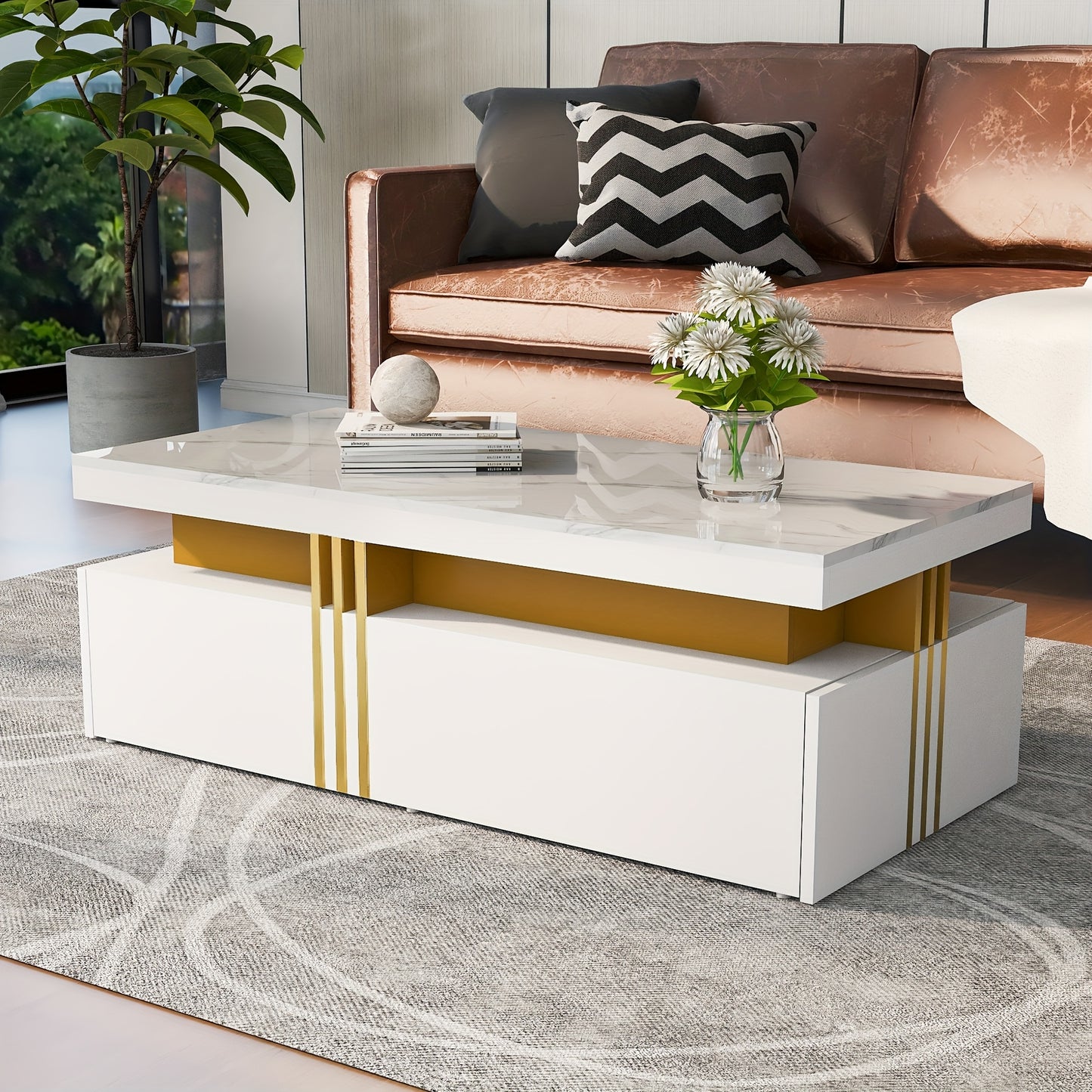 Modern Coffee Table with 2 Storage Drawers - High-Gloss White Artificial Marble Top & Golden Metal Handles, 100x50x40cm, Hardwood Frame, Easy Assembly for Living Room, Coffee Table for Living Room, Decorative Centerpiece, Min