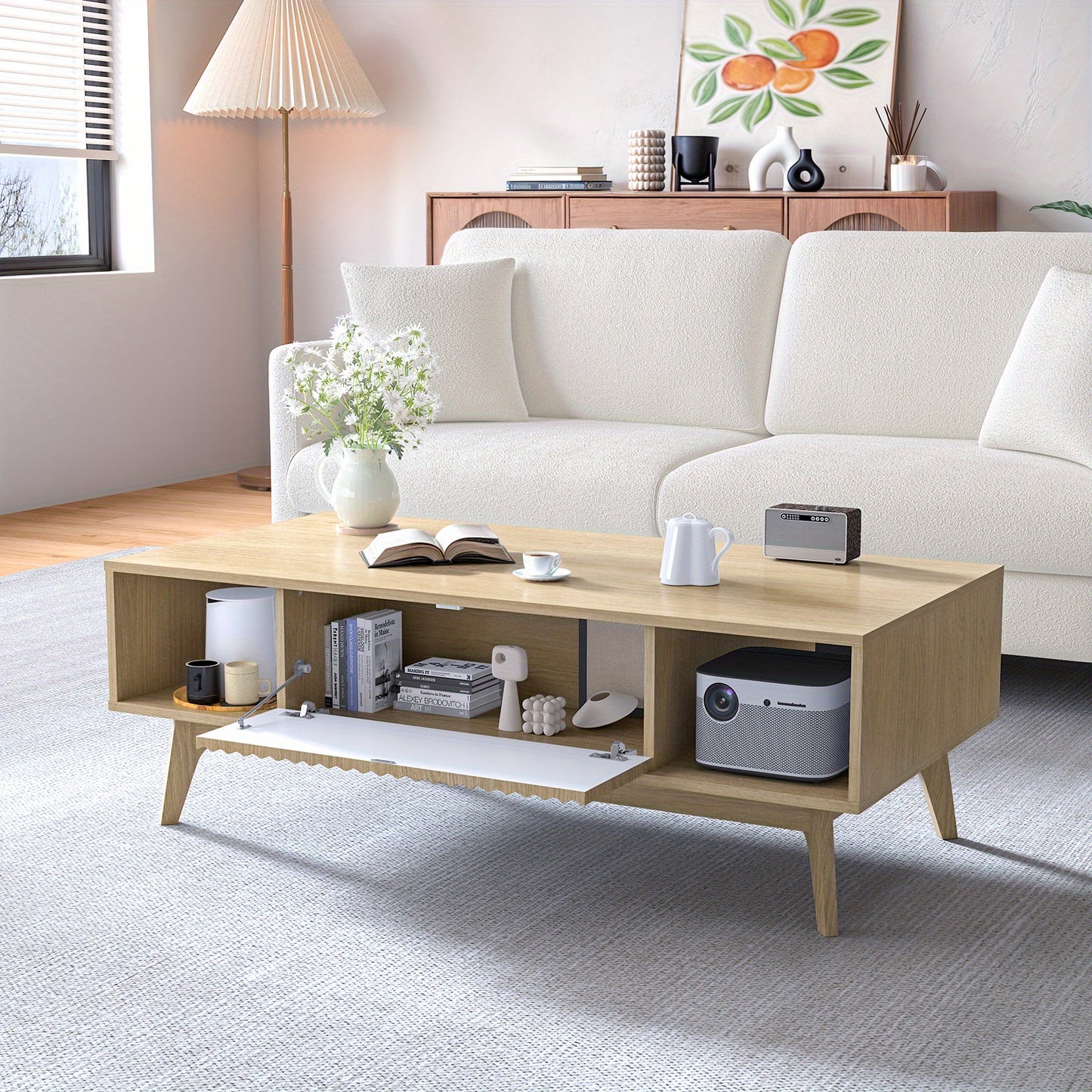 Salontafel – Koffietafel – Tafel – Woonkamertafel – Bijzettafel – Mid-Century Design – 2 Lades & Open Planken – Licht Eiken MDF – Draagvermogen 113 kg