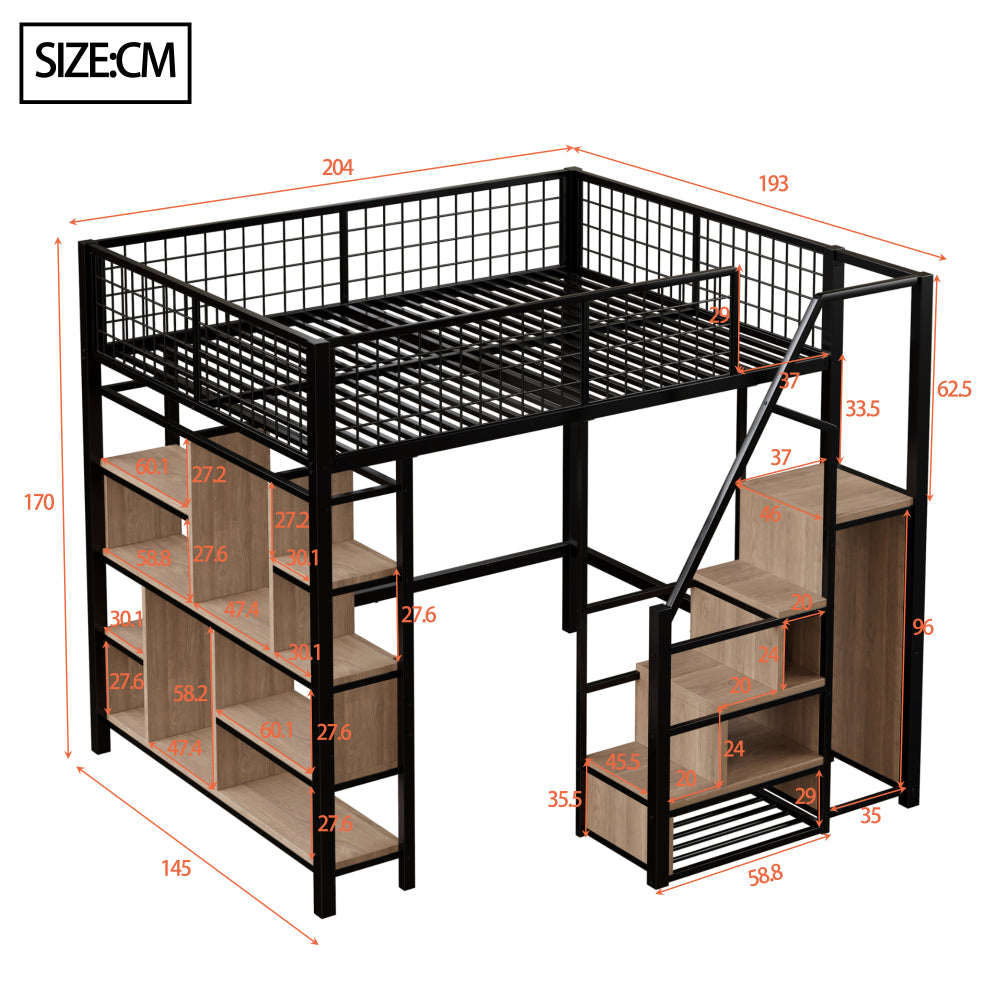 Bed – Bedframe – Bedden – Slaapbed – Stapelbed – Zwart – Metalen Frame – Opbergruimte – Trap – 140 x 200 cm