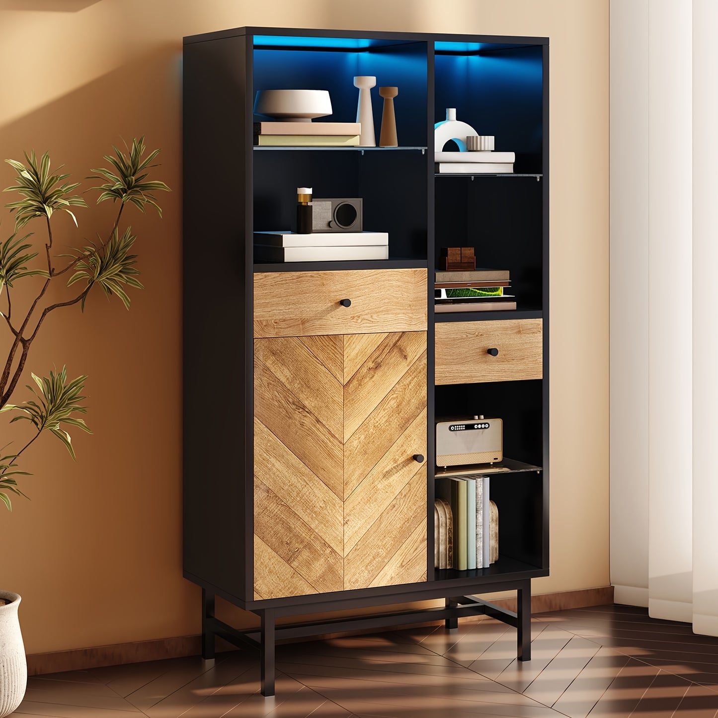 Vitrinekast – Displaykast – Opbergkast – Servieskast – Dressoir – Hout Zwart + Houtkleur – Ruime Opbergruimte – Modern Triangulair Design