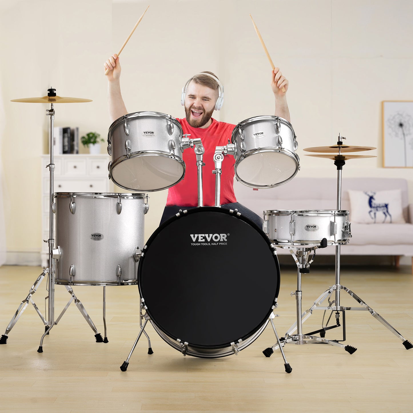 Drumstel – Drumkit – Drums – Percussieset – Slagwerk – 5-delig Compleet – 55,88 cm Bass Drum – Verstelbare Kruk – Zilverkleurig