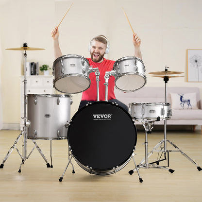 Drumstel – Drumkit – Drums – Percussieset – Slagwerk – 5-delig Compleet – 55,88 cm Bass Drum – Verstelbare Kruk – Zilverkleurig