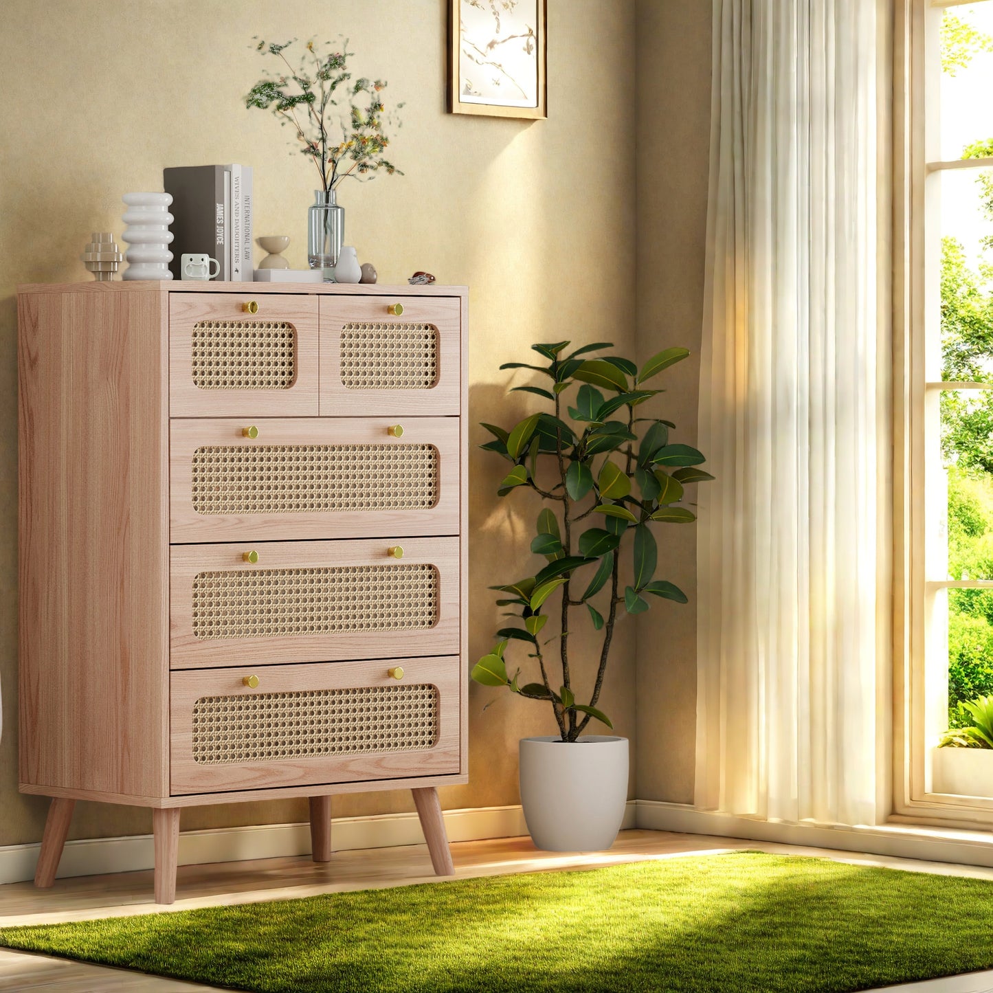 Ladekast – Ladenkast – Kommode – Opbergkast – Dressoir – 5 Lades – MDF Hout – Compact 60x34x91 cm – Natuurlijke Houtkleur
