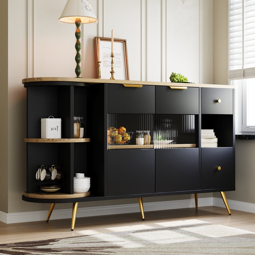 Dressoir – Opbergkast – Ladekast – Buffetkast – Wandkast – Zwart Met Schuifdeuren Van Glas – Vochtbestendig Niet-Houten Materiaal Met Gouden Accenten