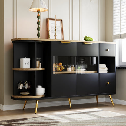 Dressoir – Opbergkast – Ladekast – Buffetkast – Wandkast – Zwart Met Schuifdeuren Van Glas – Vochtbestendig Niet-Houten Materiaal Met Gouden Accenten