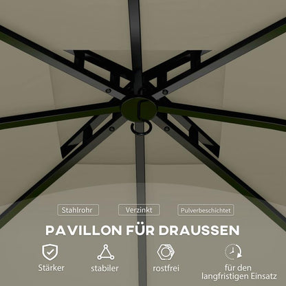 Tuinschuilplaats – Tuinshelter – Overkapping – Tuinkamer – Partytent – Waterdicht Lichtgrijs – Dubbel Dak 3,4x3,4 Meter – Gegalvaniseerd Stalen Frame – UV Bescherming – Vier Gesloten Zijden