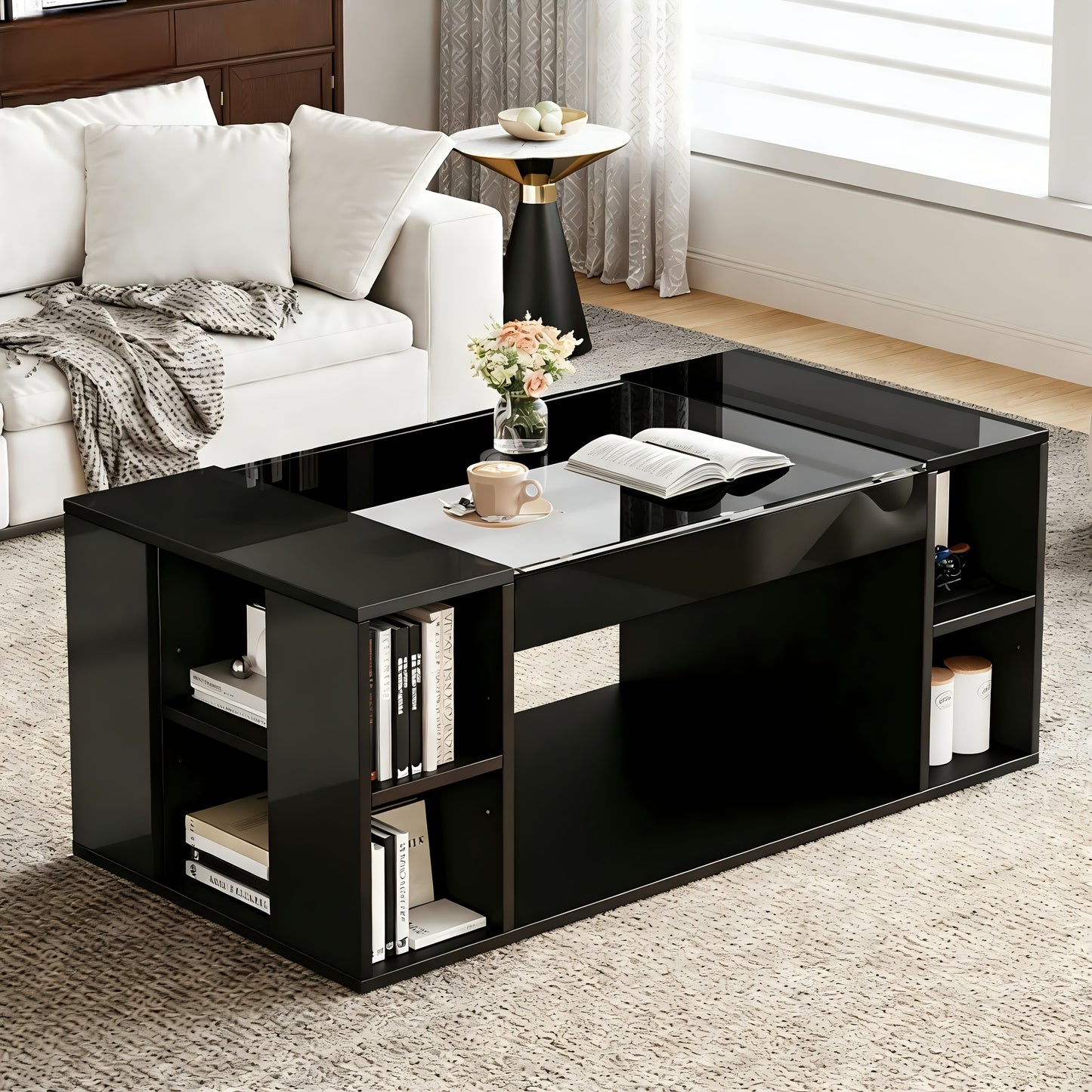 Salontafel glazen – Woonkamertafel koffietafel bijzettafel tafel – Modern design – Gehard glas – Hoogglans zwart – Hol middenstuk – Extra opbergruimte