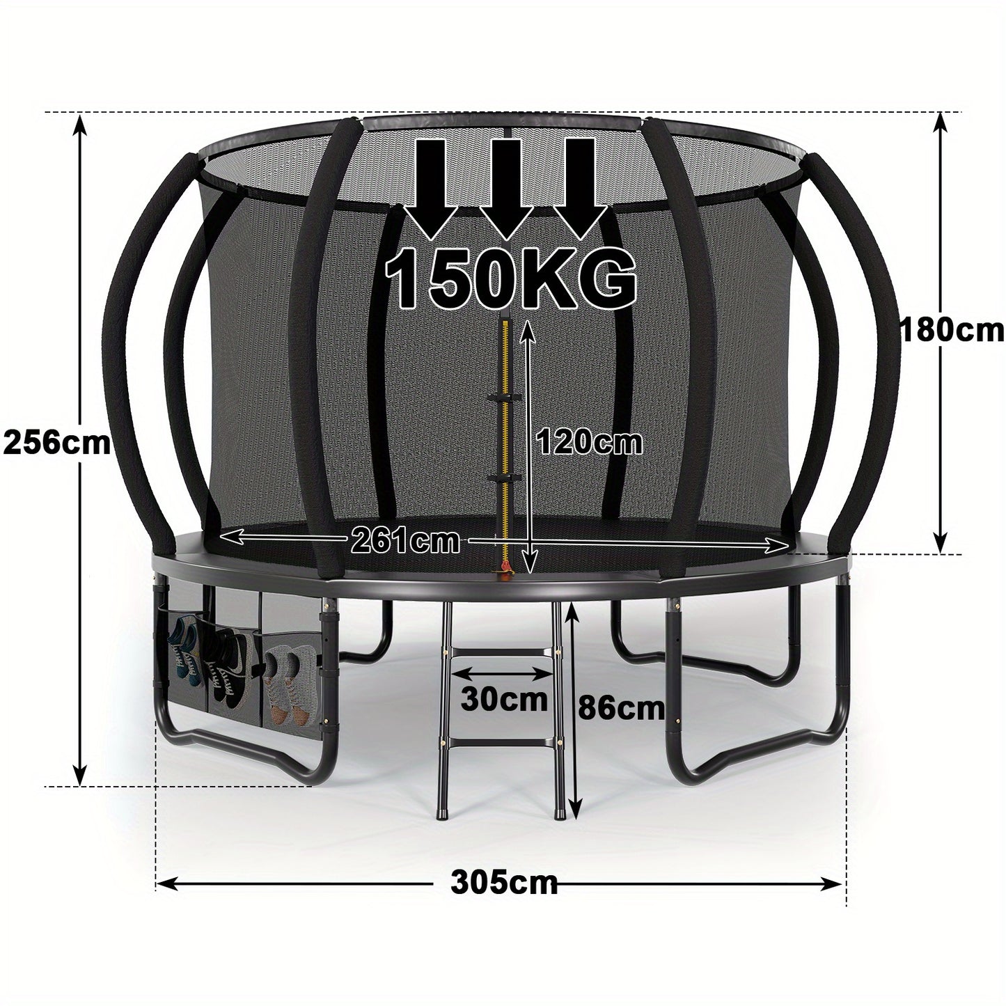 Trampoline – Springkussen – Buitenspeeltoestel – Springmat – Veiligheidsnet Trampoline – Rond 305 cm – Roestvrij Stalen Frame – Inclusief Ladder en Schoenentas
