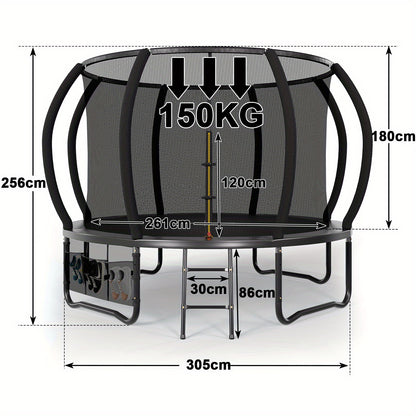 Trampoline – Springkussen – Buitenspeeltoestel – Springmat – Veiligheidsnet Trampoline – Rond 305 cm – Roestvrij Stalen Frame – Inclusief Ladder en Schoenentas