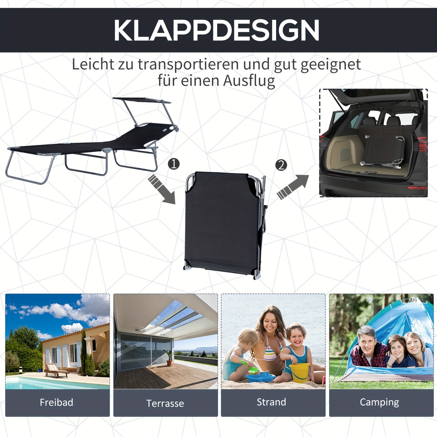 Ligstoel – Loungestoel – Ligbed – Zonnebed – Opvouwbare Tuinstoel – Extra Lang – Stevig Metaal Frame – Ingebouwd Zonnescherm – Comfortabel Polyester Kussen – Handmatig Verstelbaar – Zwart