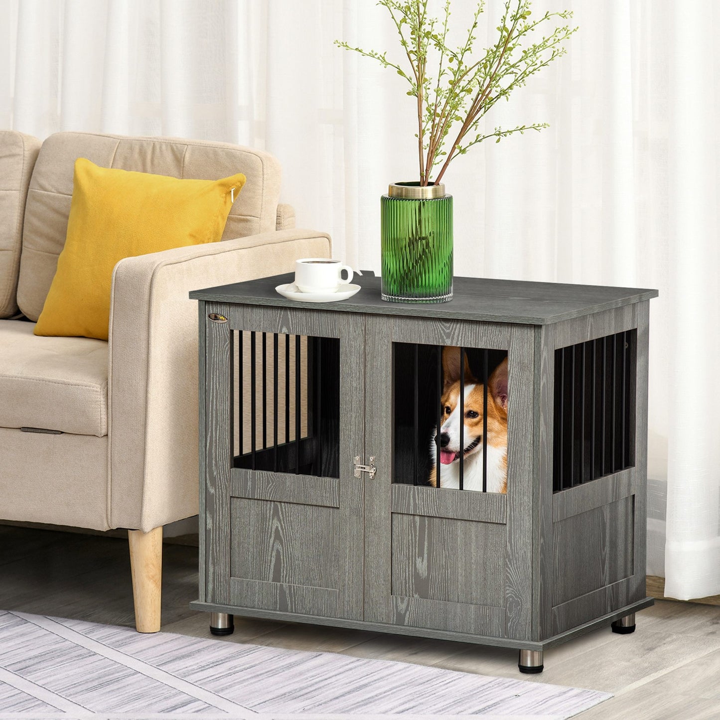 Hondenbench – Hondenkooi – Draadkooi – Hondenhok – Hondenbox – Magnetische Deur – Stevig Hout Met Metaal – 85x55x87 cm – Grijs