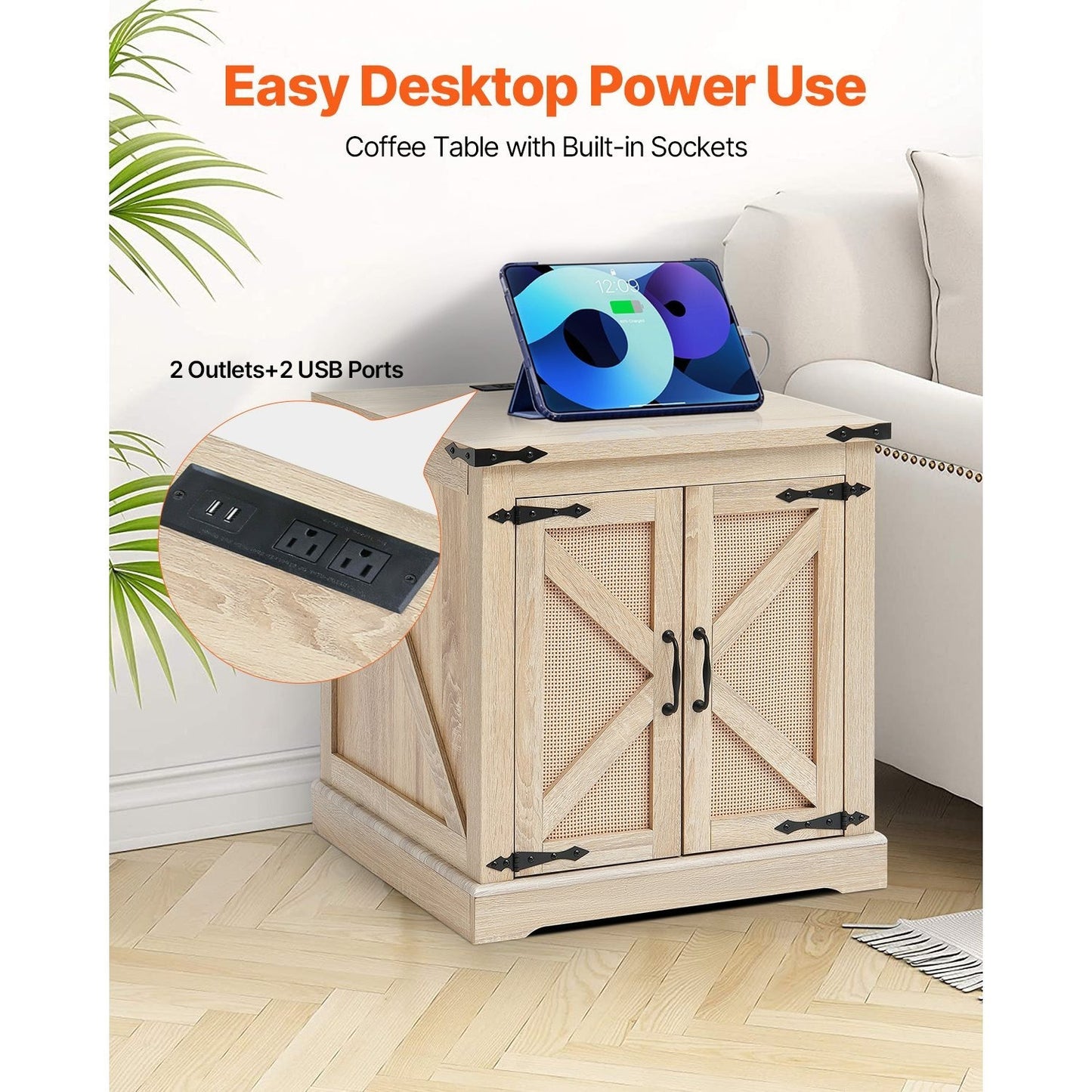 Rotan Salontafel – Rattan Tafel – Koffietafel – Bijzettafel – Houten Tafel – Rechthoekig – Met Ingebouwde Stopcontacten en USB-poorten – 61 cm Breed