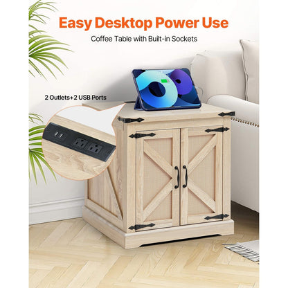 Rotan Salontafel – Rattan Tafel – Koffietafel – Bijzettafel – Houten Tafel – Rechthoekig – Met Ingebouwde Stopcontacten en USB-poorten – 61 cm Breed