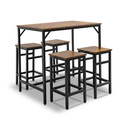 Industriële Bartafelset – Barset – Bartafel Met Krukken – Ontbijthoek – Hoge Tafel – Compact Ontwerp – MDF Blad Met Metaal Frame – 4 Zits Bruin Eikenhoutlook