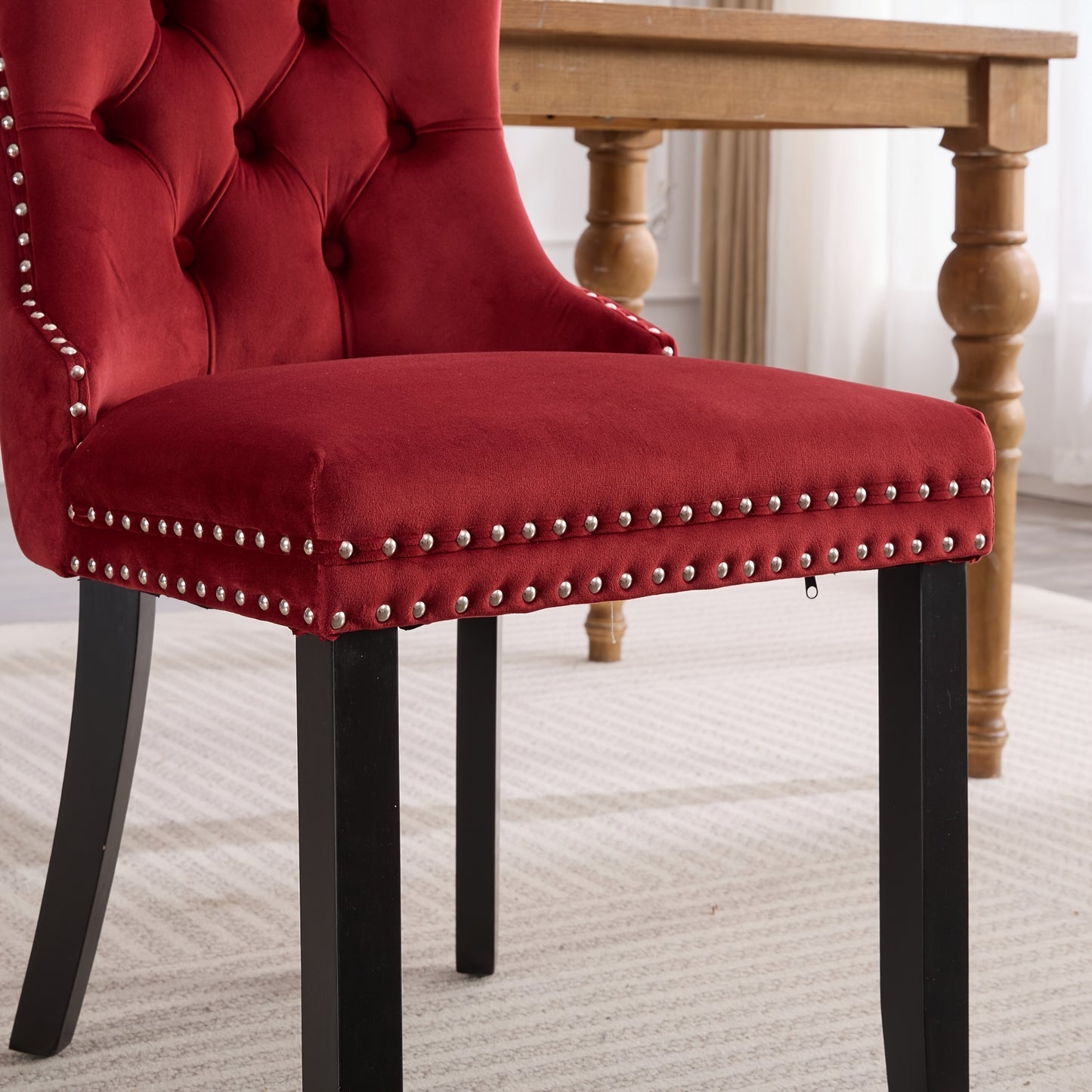 2pcs Classic Burgundy Red Velvet Dining Chair Set - Modern Luxury Quilted Upholstery with Solid Wood-Like Legs & Nailhead Trim, Plush Cushioning for Elegant Kitchen, Dining Room, or Home Office - Easy-Clean Furniture (No Fabr