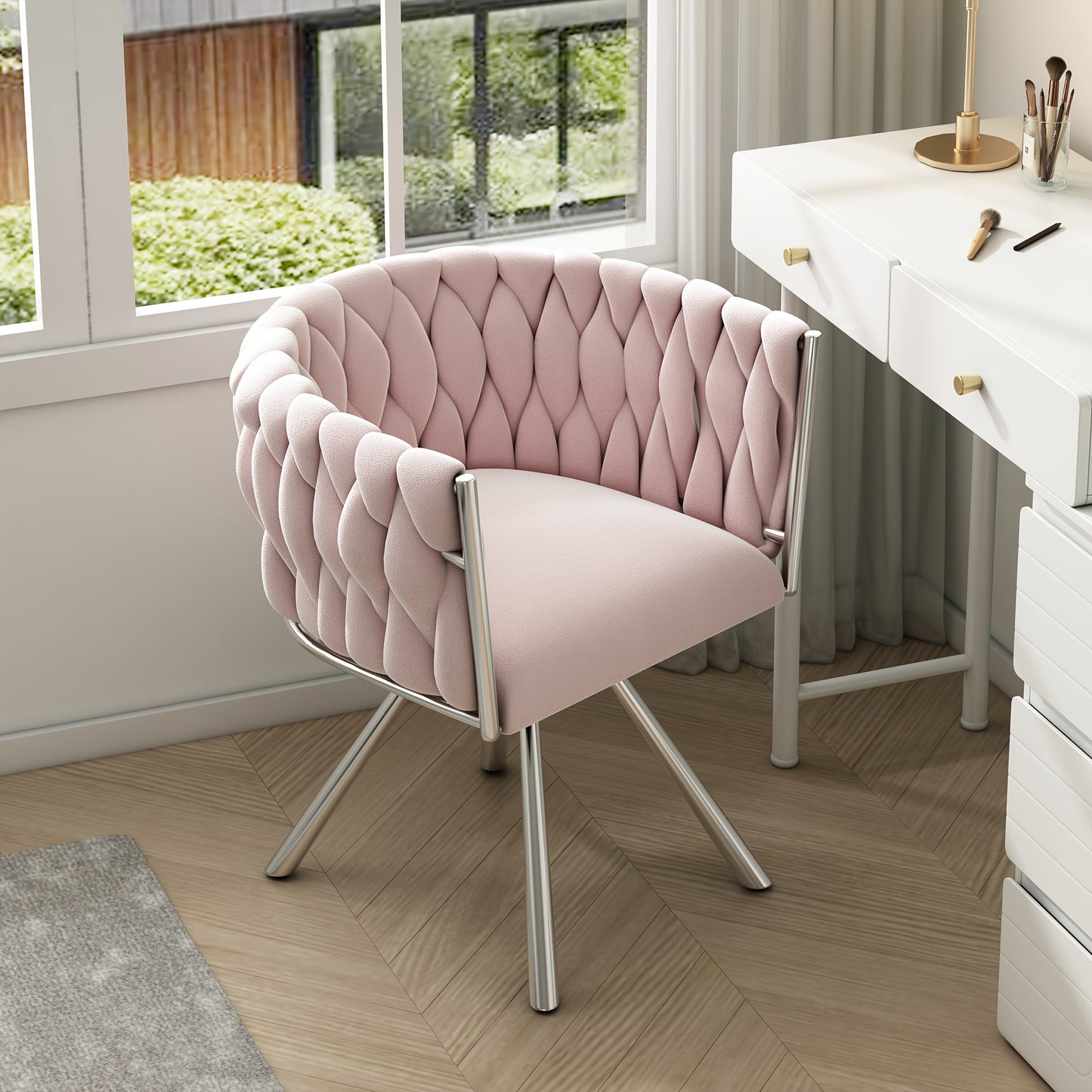Velvet Makeup Chair – Swivel Stoel – Bureaustoel – Lounge Stoel – Fauteuil – Roze Kleur – Luxe Fluwelen Bekleding – Vier Metalen Poten