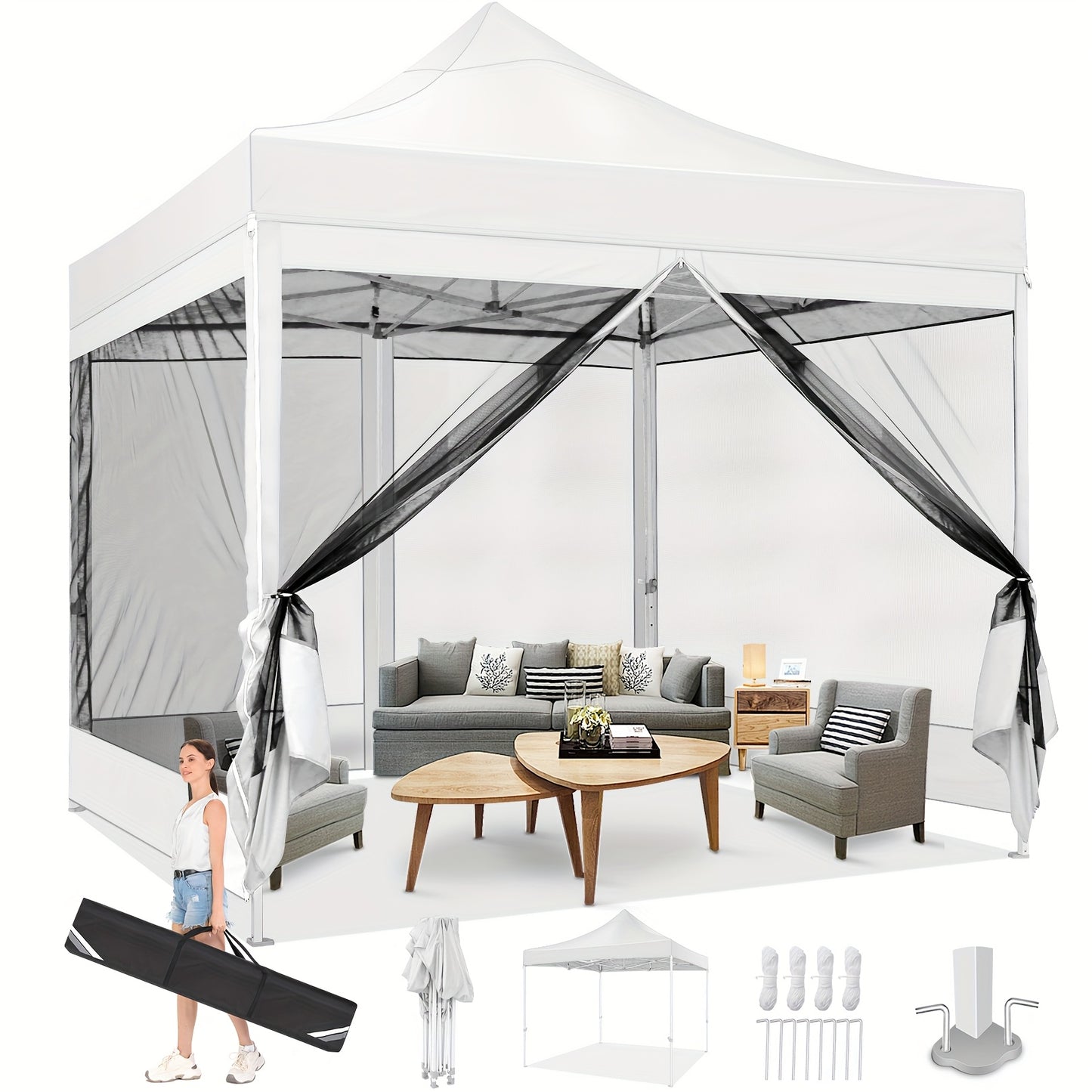 Partytent 3x3 Meter – Vouwtent – Tuinkamer – Buitenluifel – Muggennet Tent – Met Muskietennet – Stevig Stalen Frame – Waterafstotende Oxford Stof – Inklapbaar Met Draagtas