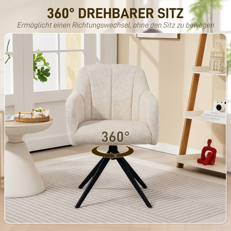 Draaifauteuil – Accentstoel – Lounge Chair – Armstoel – Drehstuhl – Beige Gestoffeerd – 360° Draaiende Basis – Stalen Poten – Comfortabel Padded Design