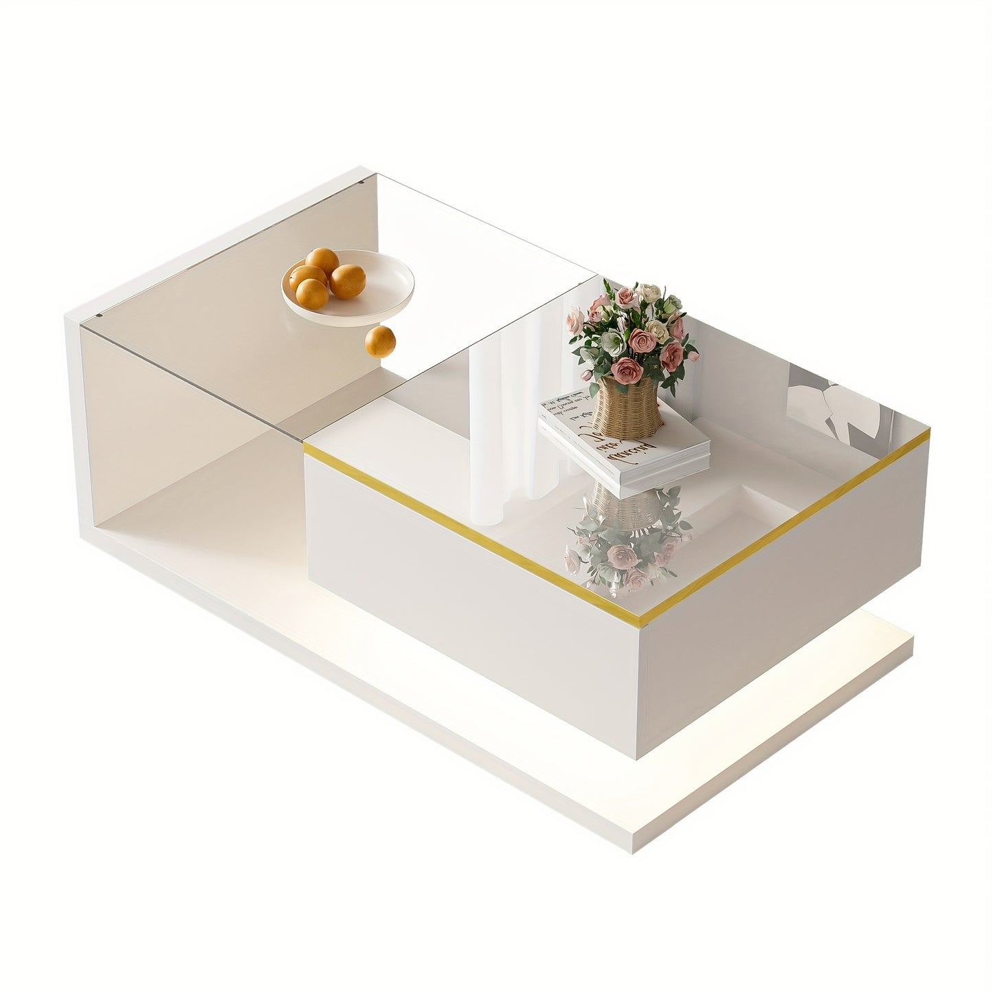 Contemporary 90cm Long High-Gloss White Coffee Table with Glass Top - Sturdy Metal Frame, Side Table & Coffee Table in One, No Assembly Required, Perfect for Living Room or Office, Coffee Table Decor, Versatile Furniture, Min