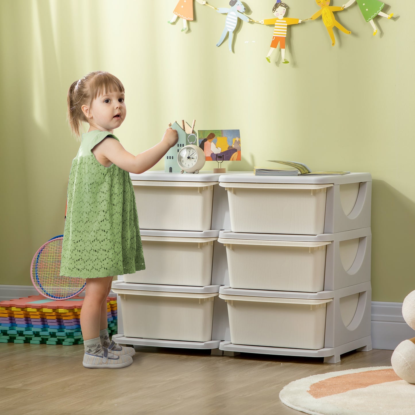 Kinderopberger – Opbergbox – Speelgoedkast – Ladeblok – Opberglade – Crèmekleurig Wit – Stevig Kunststof – Drie ruime Lades