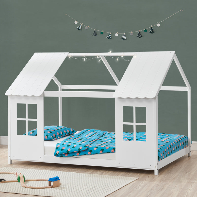 Kinderbed – Peuterbed – Juniorbed – Huisbed – Slaapbed – Halfopen Design – Massief Dennenhout – 140x200 cm – Wit