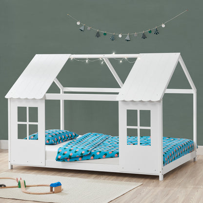Kinderbed – Peuterbed – Juniorbed – Huisbed – Slaapbed – Halfopen Design – Massief Dennenhout – 140x200 cm – Wit
