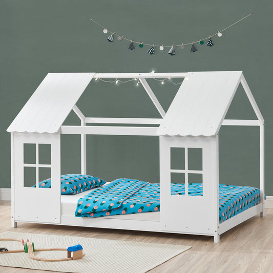 Kinderbed – Peuterbed – Juniorbed – Huisbed – Slaapbed – Halfopen Design – Massief Dennenhout – 140x200 cm – Wit