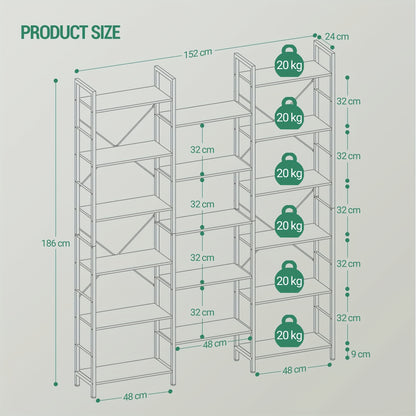 Boekenplank – Boekenrek – Wandplank – Boekenhouder – Witte Verticale Boekenkast – 17 Verstelbare Planken – 24x152x186 cm – Met Metaal Frame