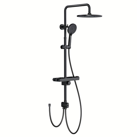 Douchekolom – Douchepaneel – Regendouche – Douchekraan – Black Shower System – 25 cm Regendouchekop – Mat Zwarte Afwerking – Drie Sproeistanden – Ingebouwde Plank