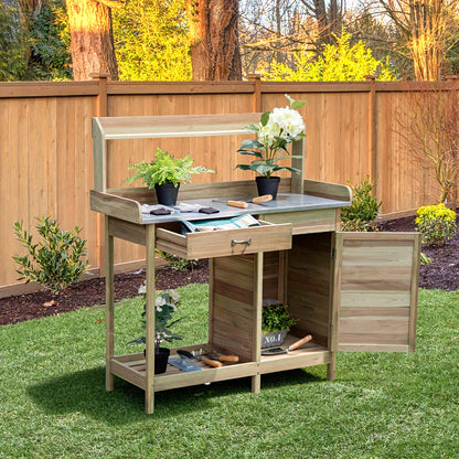 Tuinwerkbank – Oppottafel – Plantentafel – Werktafel – Tuinwerktafel – Vurenhout Met Gegalvaniseerd Metalen Werkblad – Waterbestendig En Met Opberglades