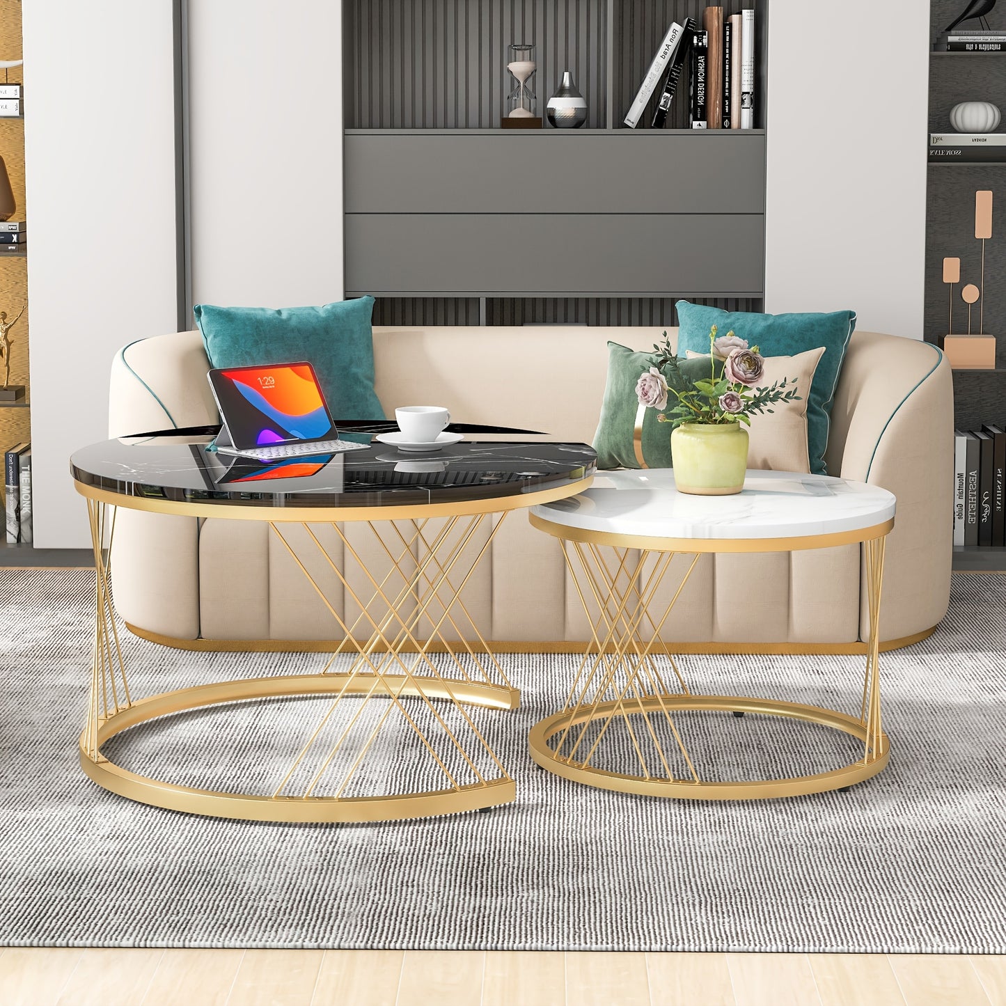 Salontafel – Bijzettafel – Koffietafel – Woonkamertafel – Nesting Set – Rond Marmerfineer – Gouden Metalen Frame – Ruimtebesparend Design – Eenvoudige Montage